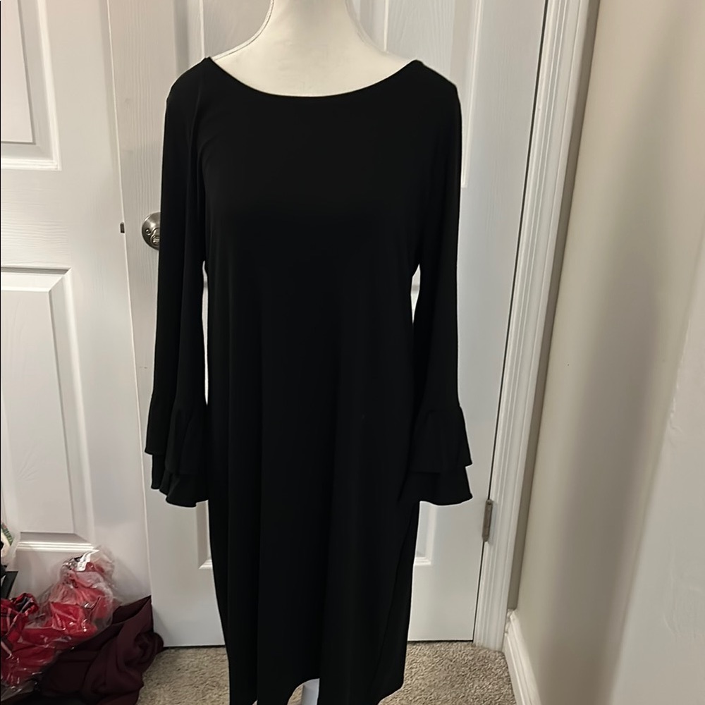 White House Black Market Black Sheath Dress with Crew Neck and Long Sleeves